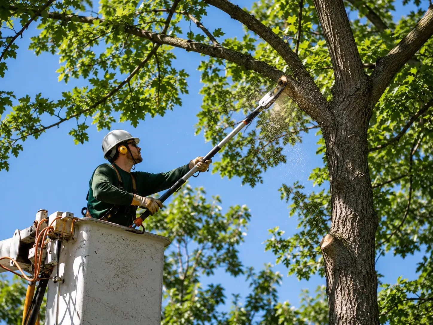 Arborist making a clean pruning cut in a healthy Charlotte shade tree